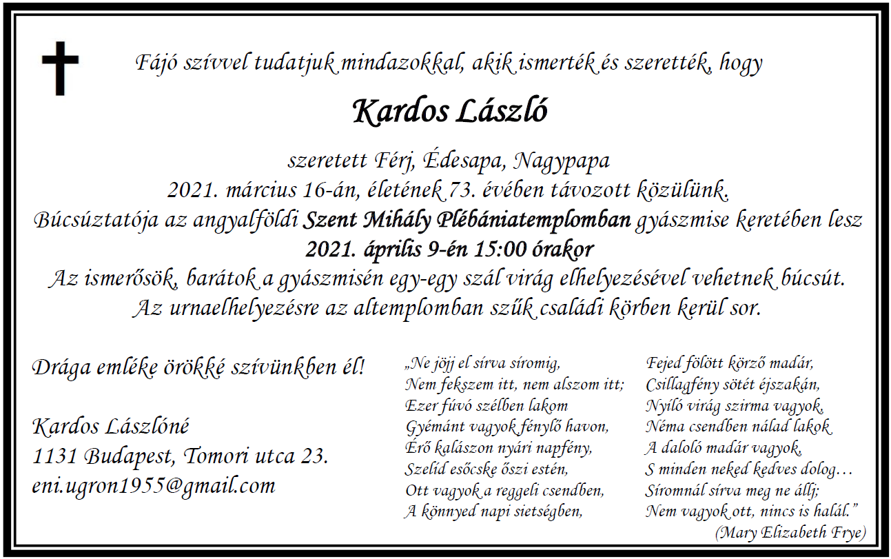 Kardos László gyászhíre