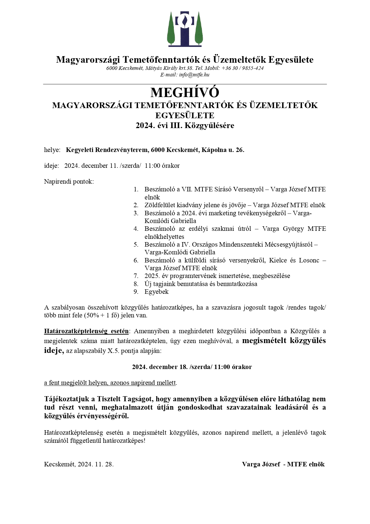MTFE - 2024. évi III. közgyűlési meghívó